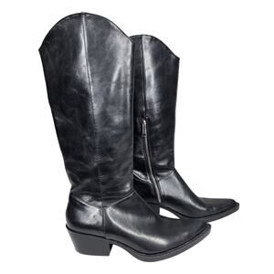 ZARA WOMEN'S BLACK LEATHER COWBOY KNEE HIGH BOOTS – POINTED TOE, WESTERN HEEL